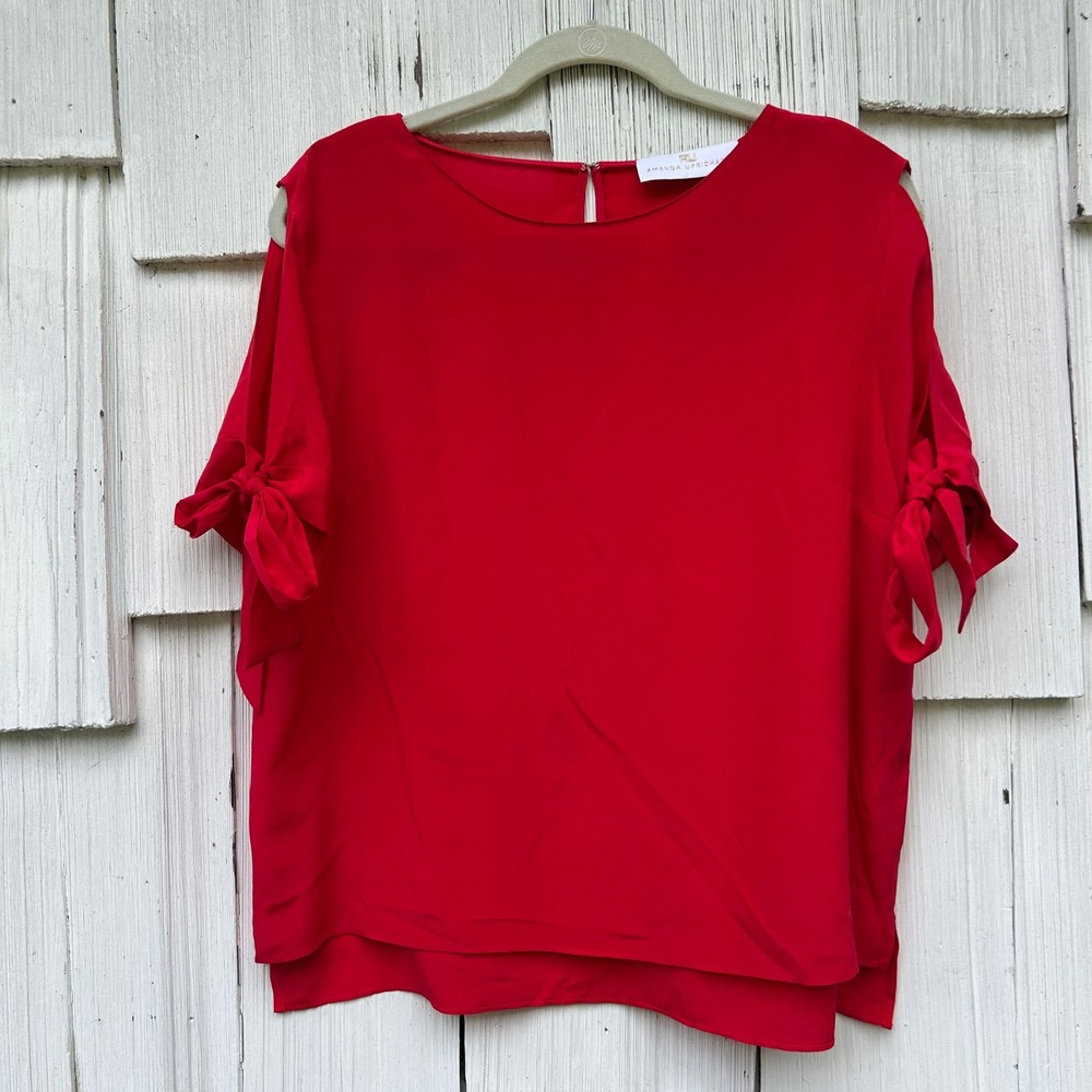 Amanda Uprichard Red 100% Silk Cold Shoulder Tie Sleeve Blouse Top Large L